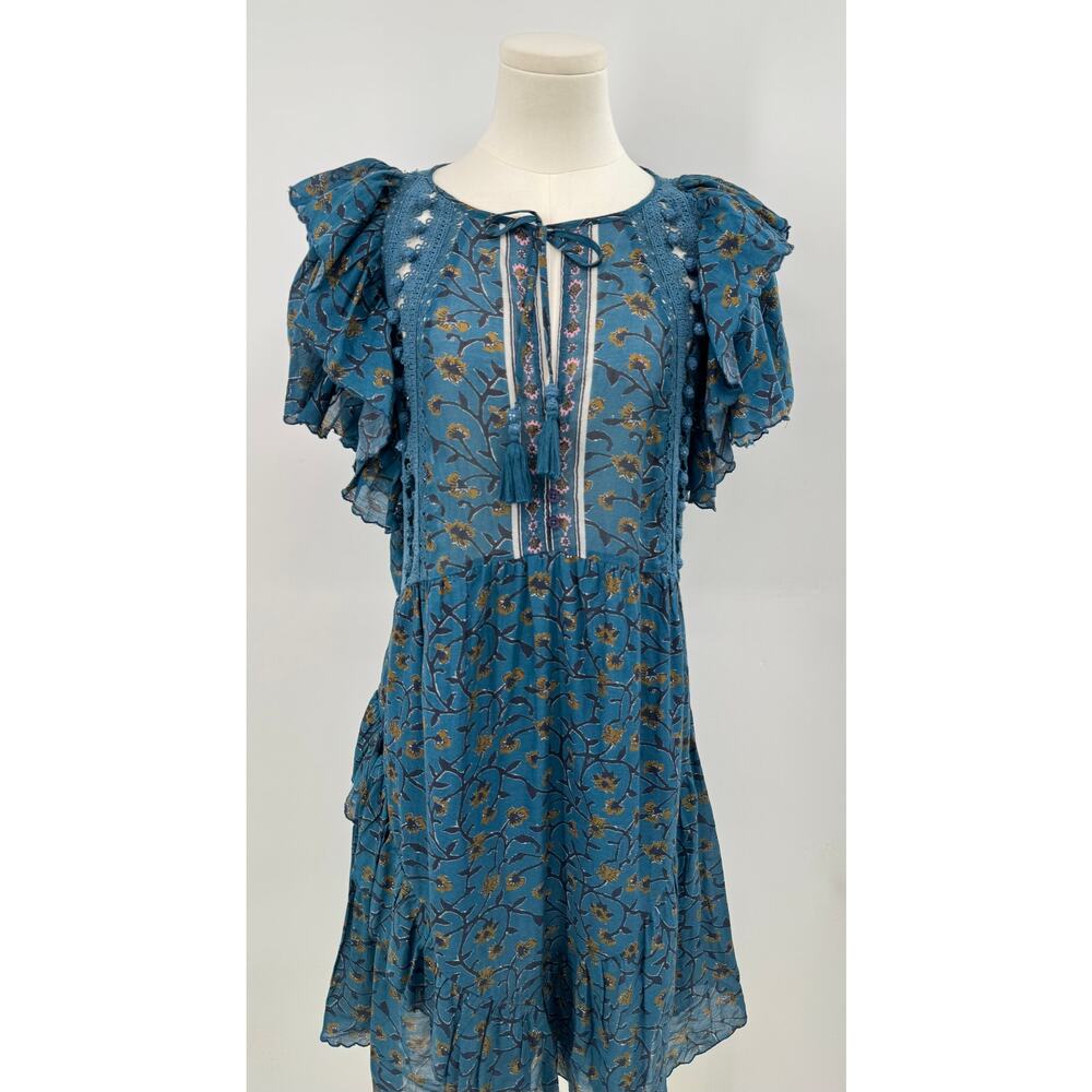 Sea New York Kaylee Teal Blue Dress Boho Floral Flutter Sleeve Tassel Mini 10
